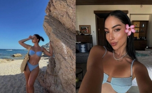 María Chacón luce lindo bikini azul celeste, con top balconette