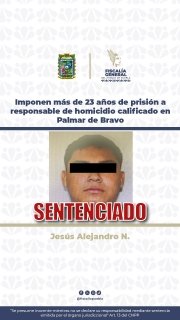 Imponen m&aacute;s de 23 a&ntilde;os de prisi&oacute;n a responsable de homicidio calificado en Palmar de Bravo