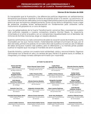 Armenta y gobernadores de la 4T cierran filas con Ariadna Montiel ante acusaciones de Maru Campos