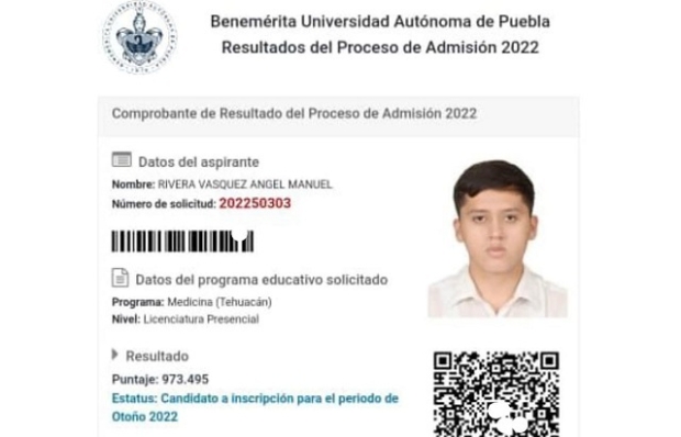 Tehuacanense el estudiante con mejor puntaje en Proceso de Admisión BUAP