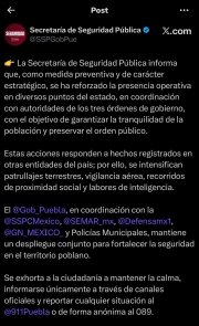 SSP intensifica vigilancia en Puebla ante hechos violentos registrados en otras entidades