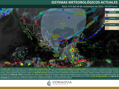 Se pronostican lluvias fuertes a muy fuertes en zonas de Veracruz, Oaxaca, Chiapas, Tabasco, Campeche, Yucat&aacute;n y Quintana Roo; adem&aacute;s de evento de "norte" muy fuerte con rachas de 70 a 80 km/h e el Istmo y Golfo de Tehuantepec
