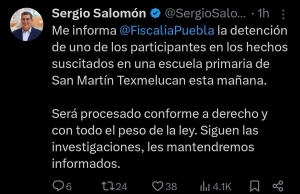 Hay un detenido por balacera en primaria de Texmelucan: Sergio Salomón