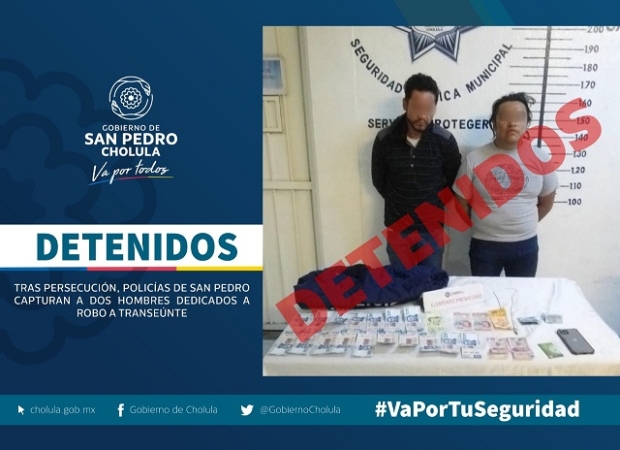 Policías de San Pedro Cholula detienen a 2 hombres dedicados a robo a transeúnte