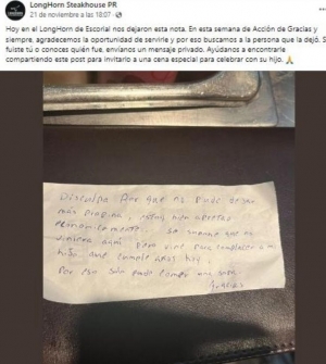 &#039;Disculpa por no dejar propina&#039;: Deja emotiva carta en restaurante y ahora lo buscan para recompensarlo