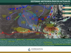 Lluvias muy fuertes con puntuales intensas en zonas de Veracruz y Chiapas, así como lluvias fuertes con puntuales muy fuertes en regiones de Oaxaca y Tabasco