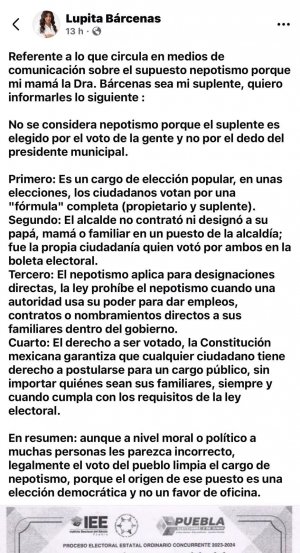 Lupe B&aacute;rcenas culpa a la poblaci&oacute;n de poner a su madre como suplente