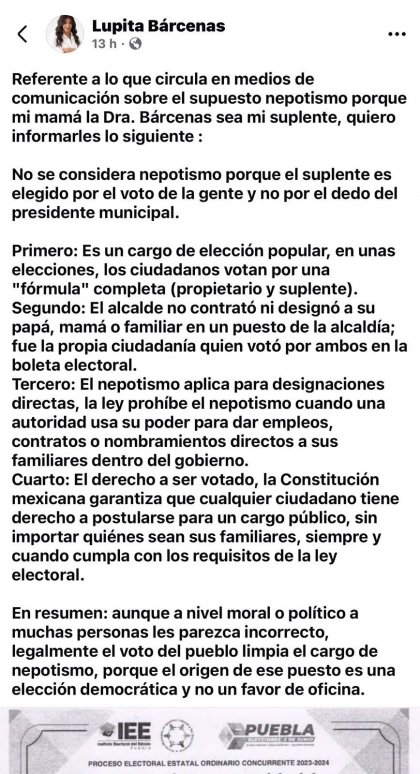 Lupe B&aacute;rcenas culpa a la poblaci&oacute;n de poner a su madre como suplente