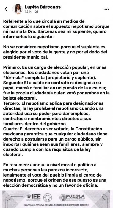Lupe B&aacute;rcenas culpa a la poblaci&oacute;n de poner a su madre como suplente