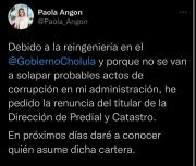 Paola Angón no solapará corrupción; solicita renuncia a director de Predial y Catastro