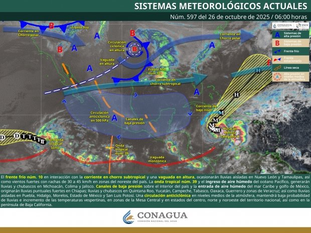 Se pronostican lluvias puntuales fuertes en Chiapas y chubascos en entidades del occidente, sur, oriente y sureste de México, así como en la península de Yucatán