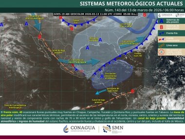 Lluvias puntuales muy fuertes en Chiapas, Campeche, Yucat&aacute;n y Quintana Roo, adem&aacute;s de vientos fuertes durante el d&iacute;a