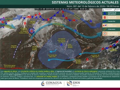 Lluvias puntuales fuertes en Chihuahua; as&iacute; como ca&iacute;da de aguanieve o nieve en zonas altas de Sonora, Chihuahua, Sinaloa y Durango