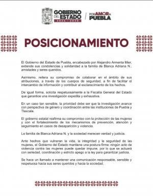 Gobierno de Puebla promete investigaci&oacute;n expedita por caso de Blanca Adriana
