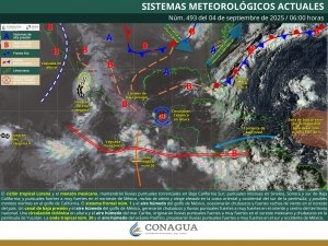El ciclón tropical Lorena, ocasionará lluvias intensas con puntuales torrenciales en Baja California y Baja California Sur, así como lluvias muy fuertes con puntuales intensas en Sonora y Sinaloa