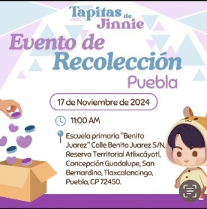 Anuncia colecta &quot;Tapitas de Jinnie&quot; en Puebla, a favor de niños con cáncer