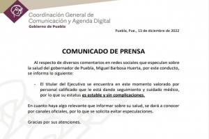 Estado de salud de Miguel Barbosa es estable: Gobierno de Puebla