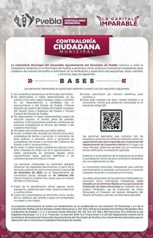 Abren registro para personas Contraloras Ciudadanas en el municipio de Puebla