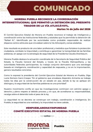 &ldquo;La impunidad no tiene cabida&rdquo;: Morena destaca trabajo de inteligencia en captura del tirador de la Atlixcayotl