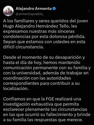 Armenta expresa condolencias a familia de Hugo Alejandro y promete esclarecer su muerte