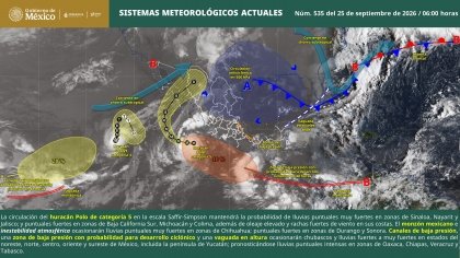 Se prev&eacute;n lluvias puntuales intensas en zonas de Veracruz, Tabasco, Oaxaca y Chiapas, adem&aacute;s de rachas fuertes de viento y oleaje elevado en costas del occidente y sur de M&eacute;xico