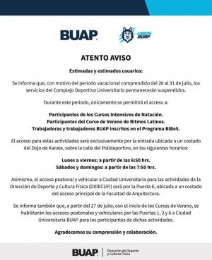 BUAP suspender&aacute; actividades del Complejo Deportivo Universitario durante el periodo vacacional