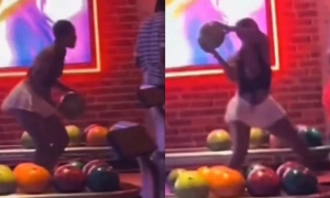 IMÁGENES FUERTES: Mujer lanza bola de boliche a la cabeza de otra joven y la noquea