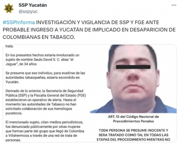 Buscan en Yucatán a 'El Jaguar', sospechoso en desaparición de jóvenes colombianas