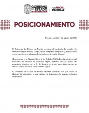 Gobierno de Puebla condena homicidio de Ricardo Z&uacute;&ntilde;iga