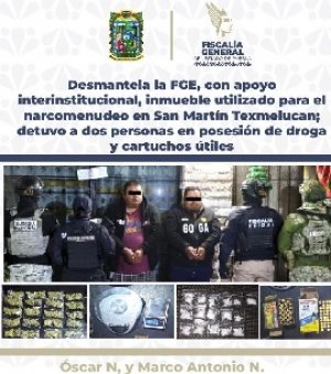 Desmantela la FGE, con apoyo interinstitucional, inmueble utilizado para el narcomenudeo en San Mart&iacute;n Texmelucan; detuvo a dos personas en posesi&oacute;n de droga y cartuchos &uacute;tiles