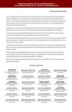 Gobernadores de la Cuarta Transformaci&oacute;n respaldan Plan B de la reforma electoral; Alejandro Armenta se suma al pronunciamiento