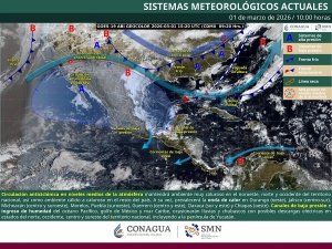 Chubascos con descargas el&eacute;ctricas y posible ca&iacute;da de granizo en zonas del sur y sureste de M&eacute;xico y Pen&iacute;nsula de Yucat&aacute;n