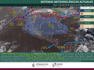 Se prev&eacute;n lluvias puntuales fuertes en Jalisco y Chiapas, as&iacute; como vientos fuertes en estados del norte de M&eacute;xico, pen&iacute;nsula de Yucat&aacute;n, Golfo e Istmo de Tehuantepec