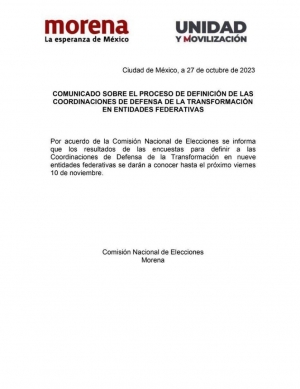 Suspende Morena anunció de coordinadores estatales para la Defensa de la 4T